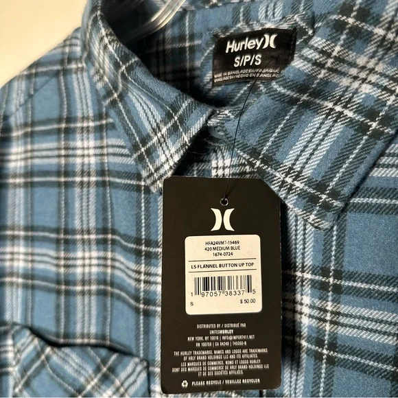 Hurley Men's Flannel‎ Shirt Button Down Long Sleeve Blue Cotton Blend S NWT - Picture 11 of 14